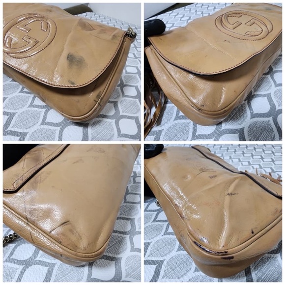 Authentic Gucci Patent Leather Soho Flap Chain Crossbody Bag Beige - Picture 10 of 11